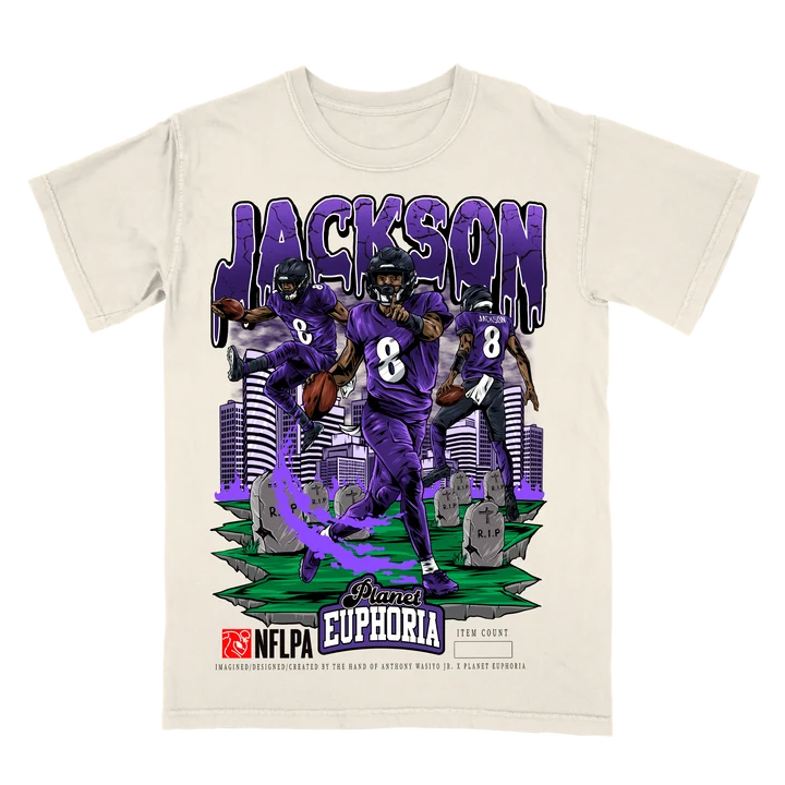 Hand-drawn Lamar Jackson V3 Limited Edition NFL Player Graphic T-Shirt, off-white and black