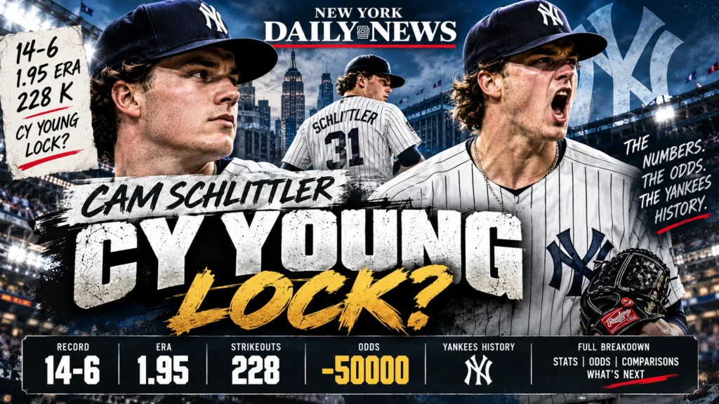 Cam Schlittler sports editorial thumbnail highlighting his 14-6 record, 1.95 ERA, 228 strikeouts and Cy Young odds