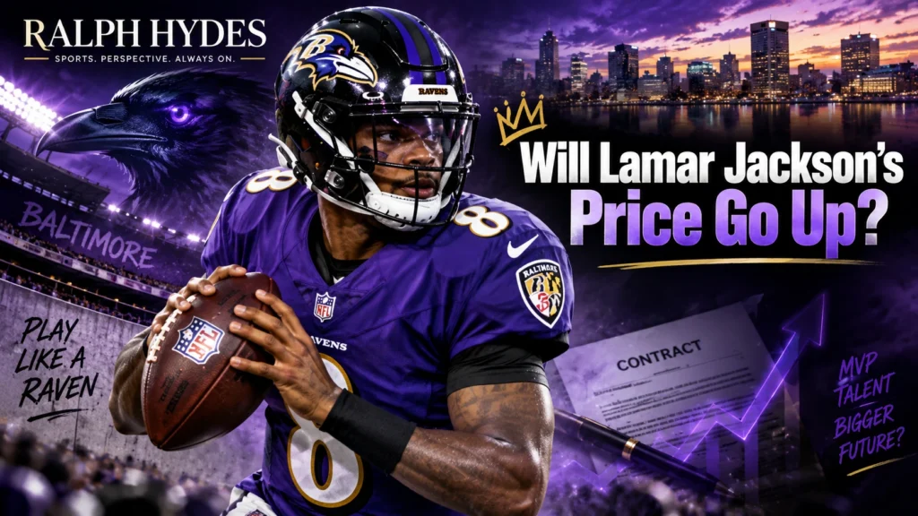 Lamar Jackson holding a football in a Baltimore stadium setting for a Ralph Hydes feature asking whether his value and price could rise.