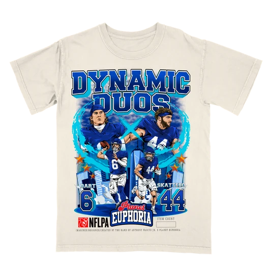 Dynamic Duos Dart x Skattebo graphic t-shirt, New York quarterback and running back design