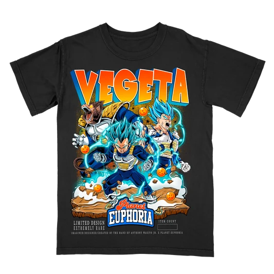 Vegeta graphic tee in black, hand-drawn and numbered